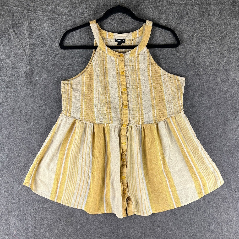 Torrid Tank Top Womens 1X Yellow White Striped Babydoll Rayon Crepe Smocked‎